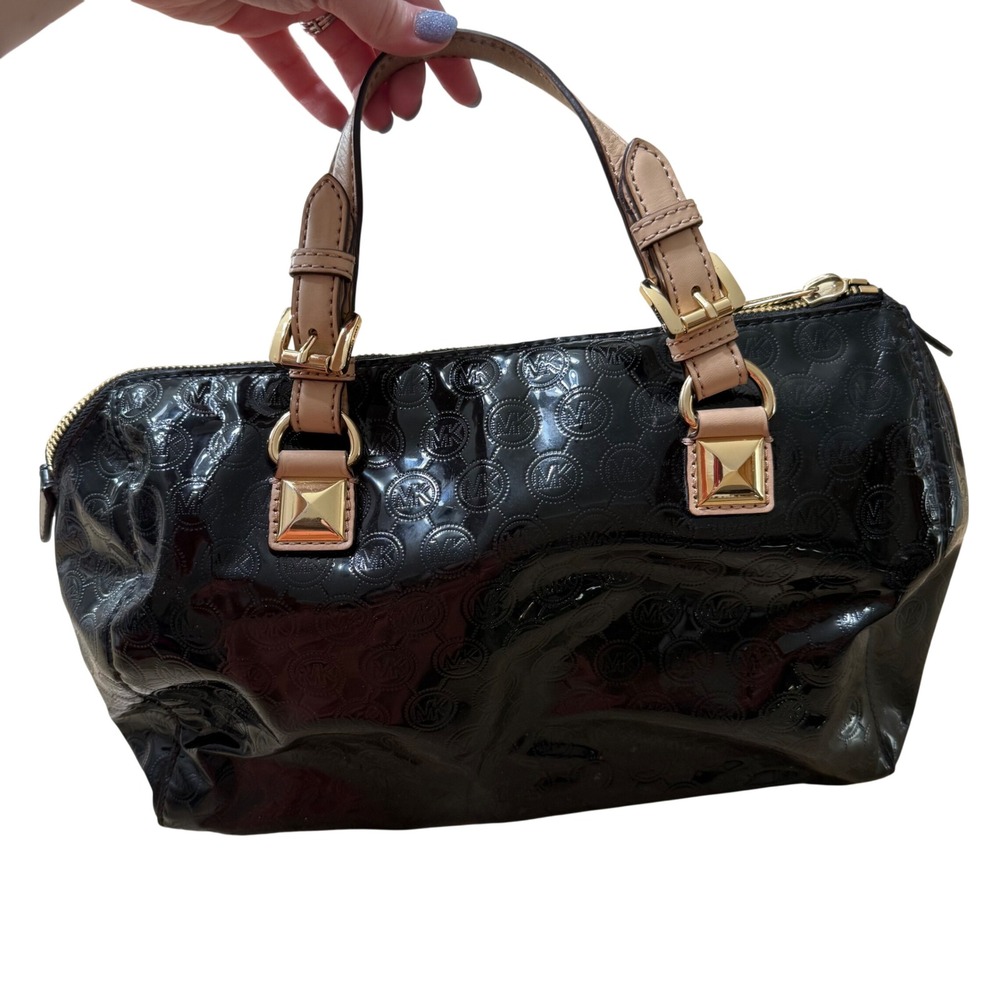 Michael Kors Grayson Black Patent Leather Monogram Satchel Handbag Gold Hardware - Picture 2 of 16